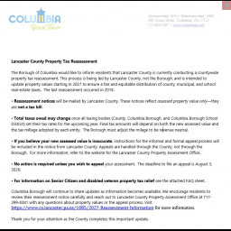 Image for Columbia Borough Press Release - Borough of Columbia Reassessment