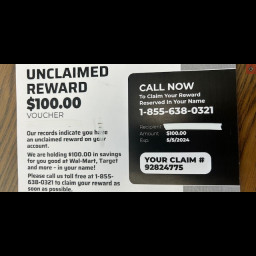 Unclaimed Reward Postcard SCAM