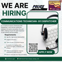 Photo of a headset on a keyboard with a QR code and City and Police logos with text about a position available in the dispatch center