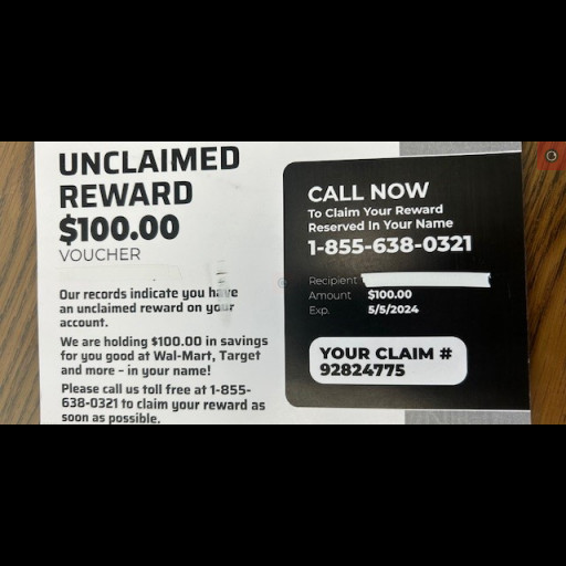 Unclaimed Reward Postcard SCAM