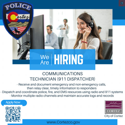 Photo of a girl with a headset phone on and text about the dispatch jobs available. Cortez Police and city logos appear