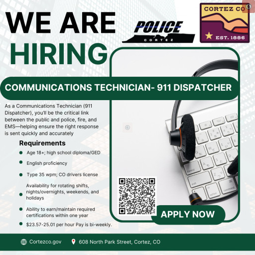 Photo of a headset on a keyboard with a QR code and City and Police logos with text about a position available in the dispatch center
