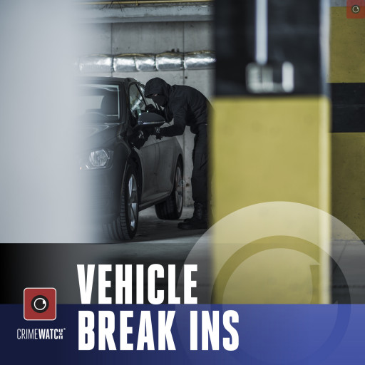 An individual dressed in black peering through the driver window of a parked car.